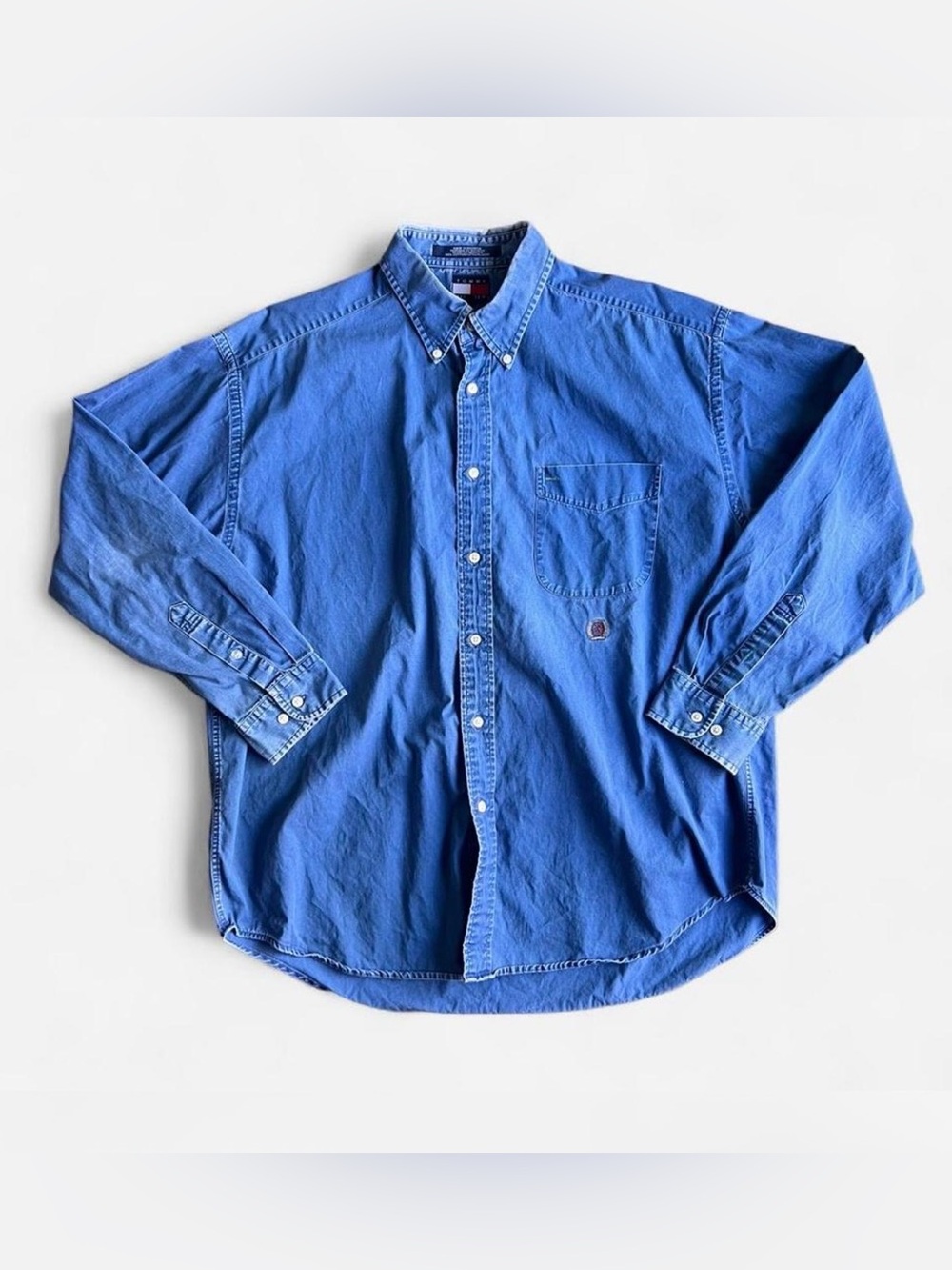 VINTAGE Distressed 90’s Y2K Tommy Hilfiger Shirt Men’s L Chambray Button Down